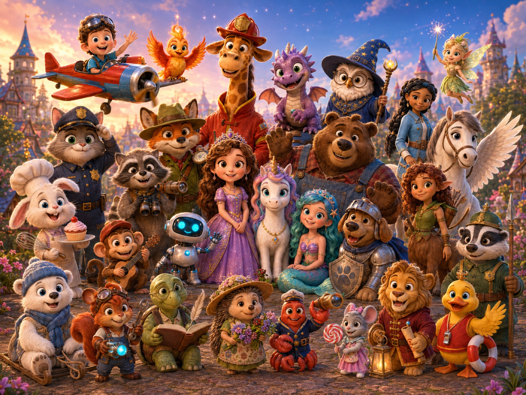 The 30 MyStoryMail story characters — a princess, unicorn, baby dragon, wizard owl, giraffe firefighter, cat police officer, mermaid, knight dog, fairy, phoenix chick, robot and friends — gathered in a magical storybook kingdom